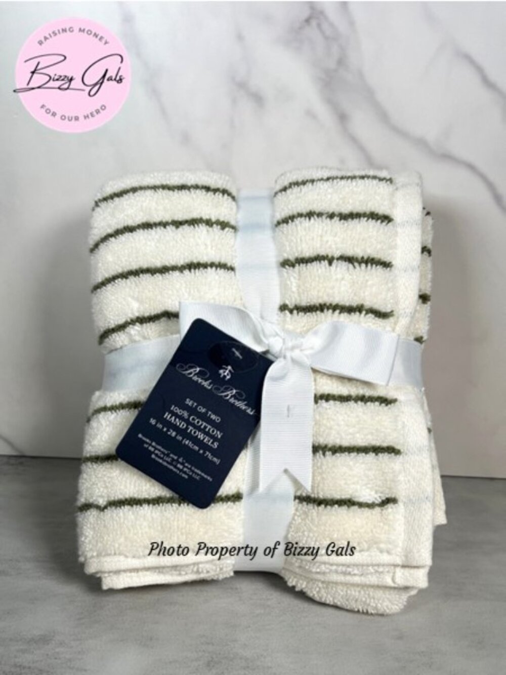 Brooks Brothers Green Striped Ivory Hand Towels Set of 2